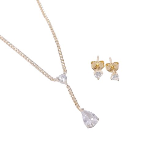 Set de aretes y cadena de plata con baño de oro 2mm- 16" para mujer