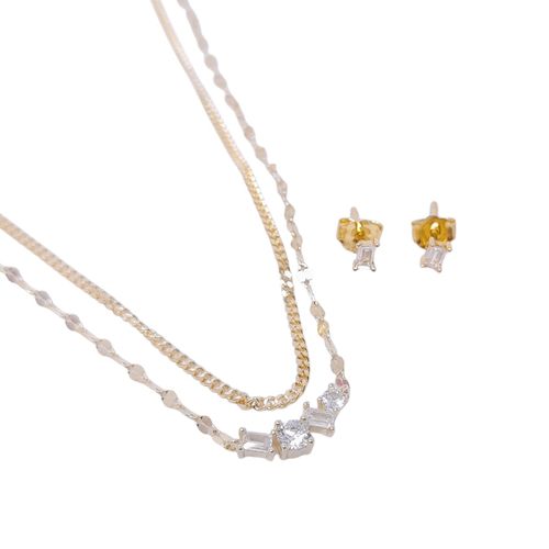 Set de aretes y cadena de plata con baño de oro 2mm- 16" para mujer