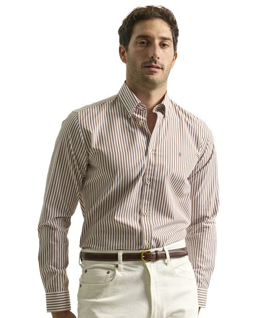 Camisa casual PuroEGO custom fit café rayada para hombre