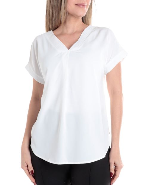 Blusa Sabrina formal blanca manga corta para mujer