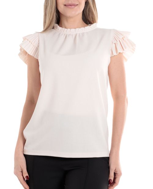 Blusa Sabrina formal beige manga corta para mujer