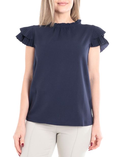 Blusa Sabrina formal azul manga corta para mujer