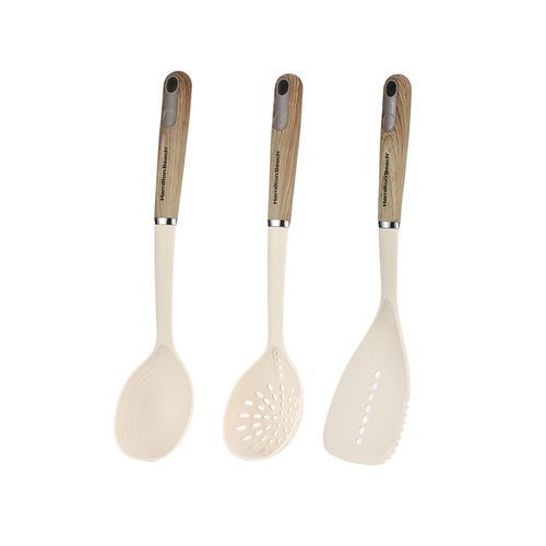 Set de utensilios de madera y silicón color crema 3 piezas