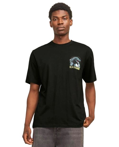 Camiseta Jack & Jones wide fit negra con estampado de Godzilla para hombre