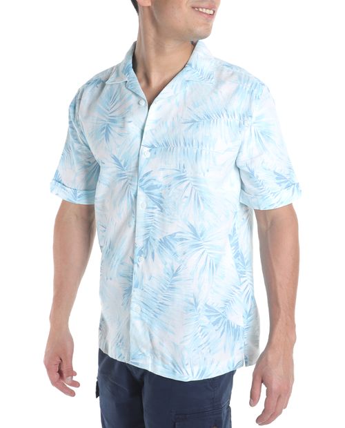 Camisa Cubavera celeste con estampado tropical para hombre