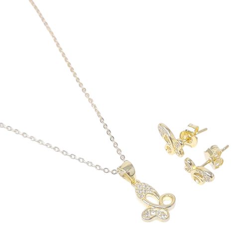 Set de aretes y cadena de plata con baño de oro 1mm -50.8 cm para mujer