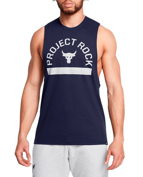 Camiseta deportiva Under Armour azul navy con estampado "Proyect Rock" para hombre