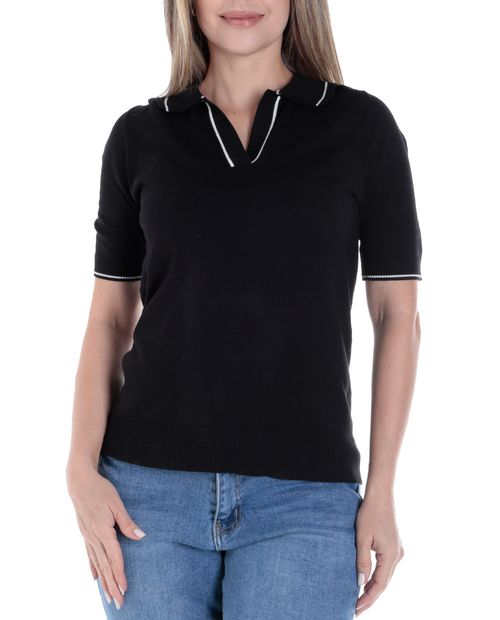 Blusa Sabrina estilo polo negra manga corta para mujer