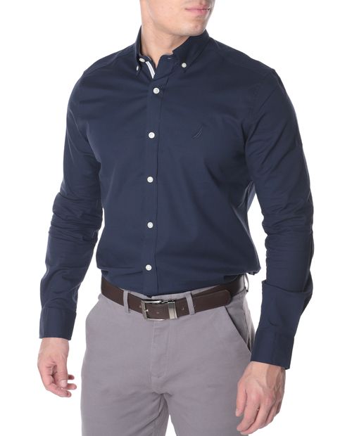 Camisa casual Nautica regular fit azul navy sólida para hombre
