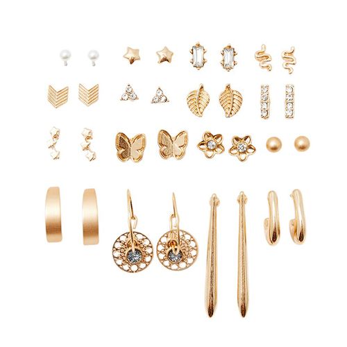 Set de 16 aretes metálicos dorados para mujer