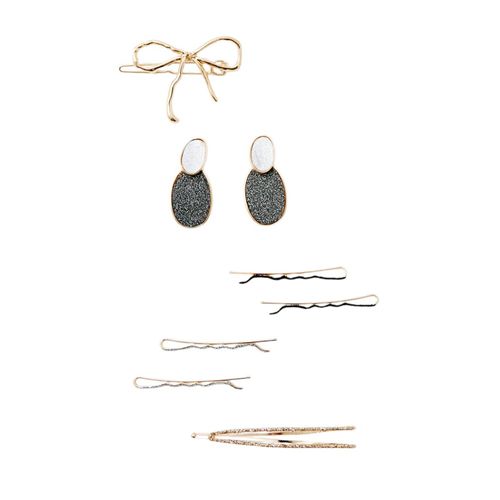 Set de aretes y horquillas metálicas doradas para mujer