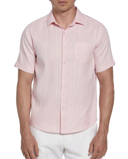 Guayabera de lino Cubavera classic fit rosada con rayas texturizadas para hombre