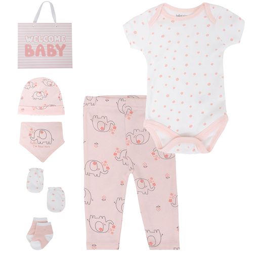 Set de regalo 7 piezas bicolor con estampado de elefantes para bebé niña