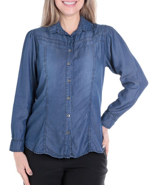 Blusa Sabrina camisera azul manga larga para mujer