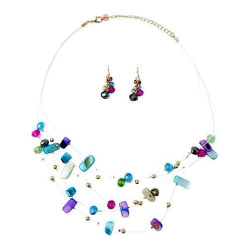 Conjunto de collar triple y aretes multicolor para mujer