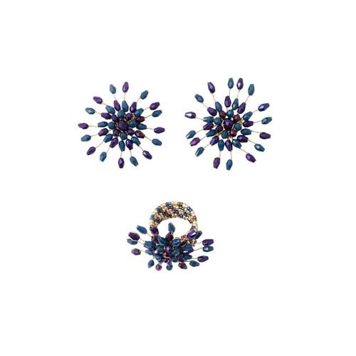 Conjunto de aretes y anillo bicolor para mujer