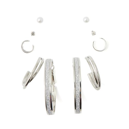 Set de 5 aretes y earcuff metálicos plateados para mujer