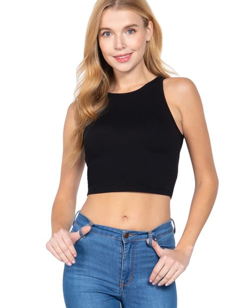 Blusa Active Basic crop top negra sin mangas para mujer