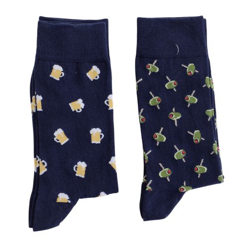 Pack de 2 pares de calcetines crew Sfera azul con mini print de cerveza y aceitunas para hombre