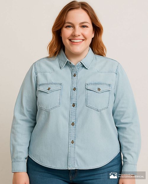 Blusa Sabrina camisera denim manga larga para mujer