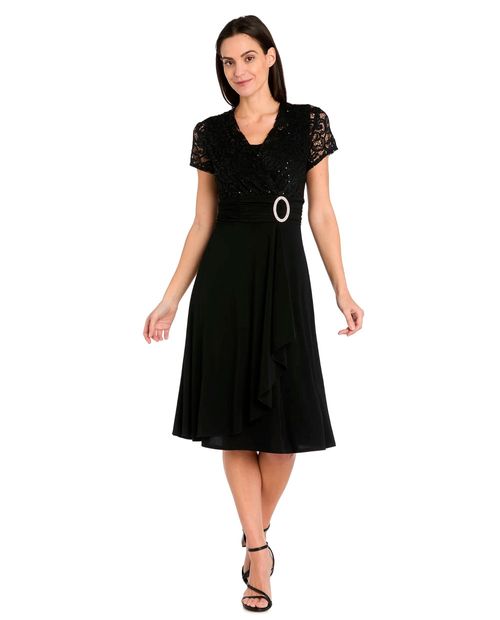 Vestido R&M Richards formal negro manga corta para mujer