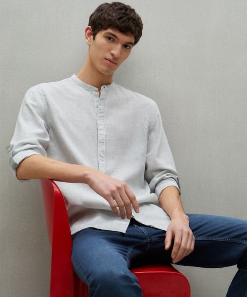 Camisa casual de lino Easy Wear verde rayada para hombre