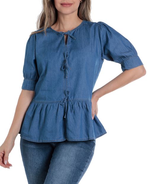 Blusa Sabrina peplum denim manga corta para mujer