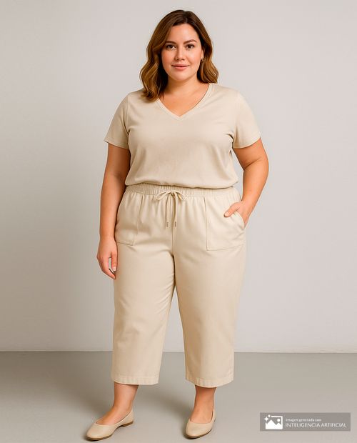 Pantalón More Than Angels pull on beige de cintura media para mujer