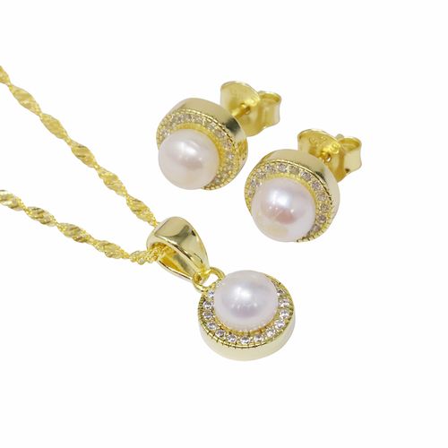Set aretes y collar de plata en baño de oro 1mm-19" para mujer