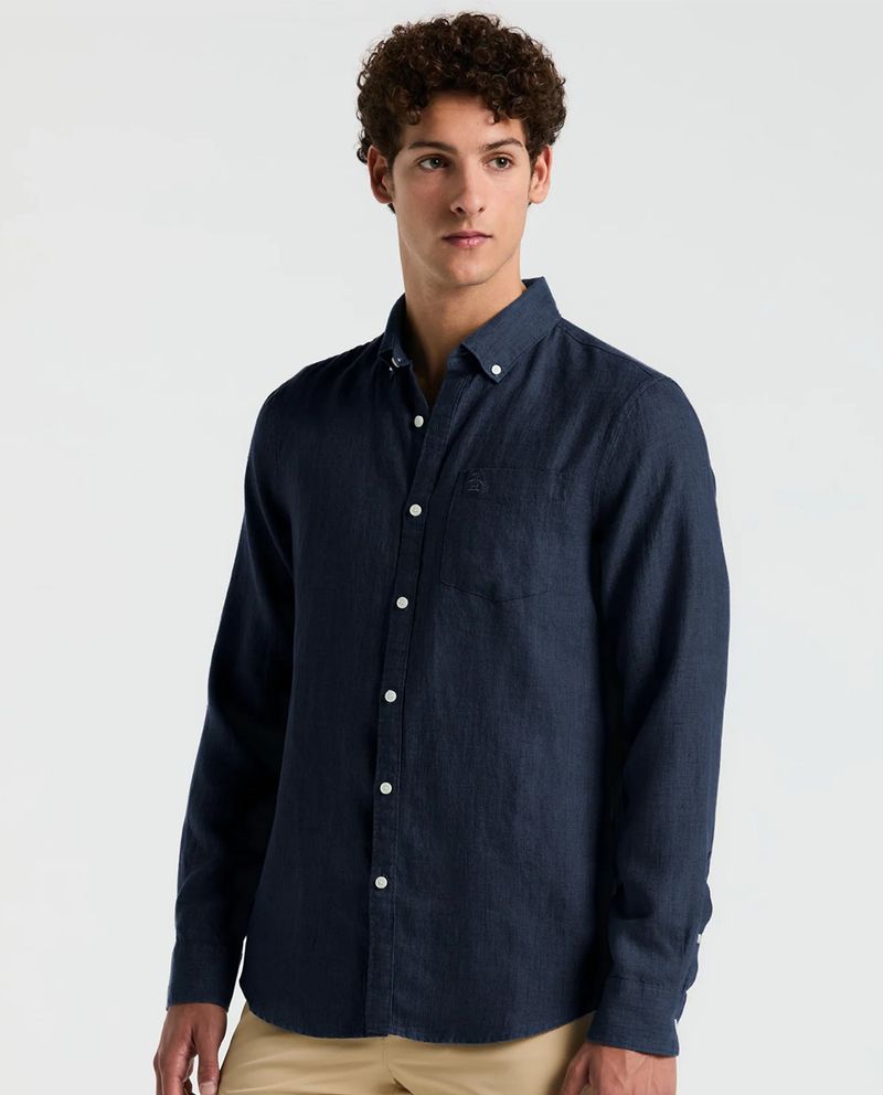 104929991-Camisa-casual-de-lino-Penguin-regular-fit-azul-heather-para-hombre
