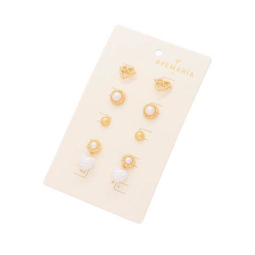 Set de 5 aretes dorados con perlas para mujer