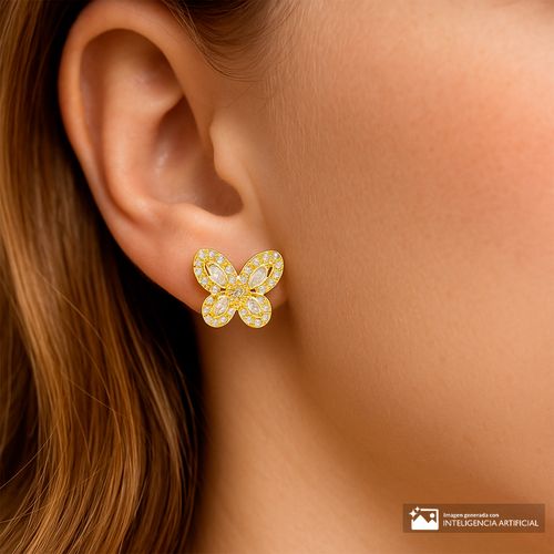 Aretes de mariposa de plata en baño de oro para mujer