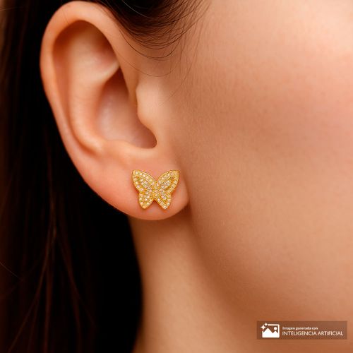 Aretes de mariposa de plata en baño de oro para mujer