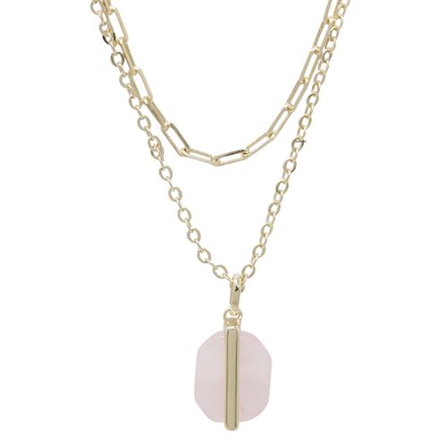 Cadena con dije cuarzo rosa de brass en baño de oro 2mm-18"para mujer