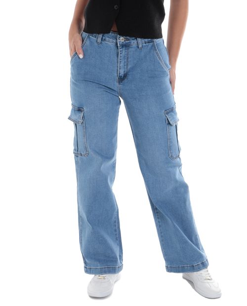 Jeans Stefany Moda cargo celeste de cintura alta para mujer