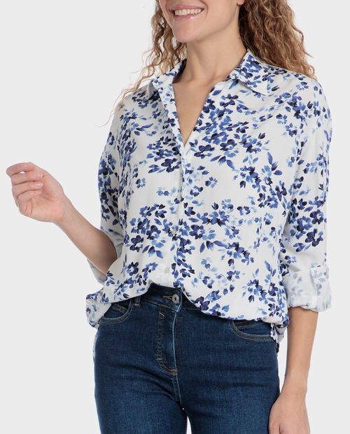 Blusa Punt Roma camisera estampada manga roll up para mujer