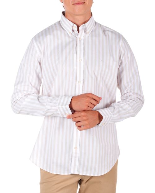Camisa casual PuroEGO custom fit beige rayada para hombre
