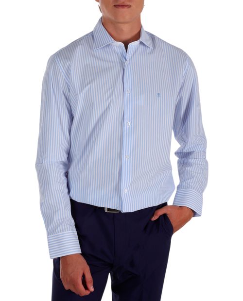 Camisa formal PuroEGO regular fit celeste rayada para hombre