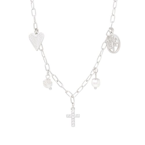 Collar con dijes religiosos de brass plateado 2mm-18" para mujer