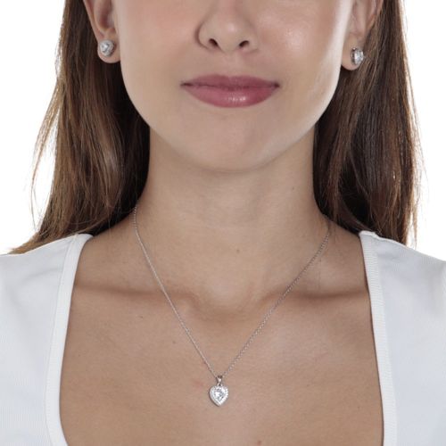 Set de aretes y cadena con dije de corazón de brass plateado 2mm-16" para mujer