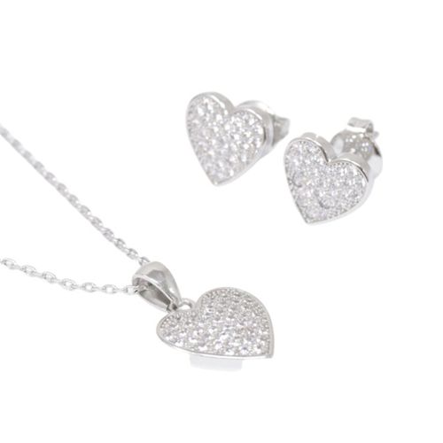 Set de aretes y cadena con dije de corazón de brass plateado 2mm-16" para mujer