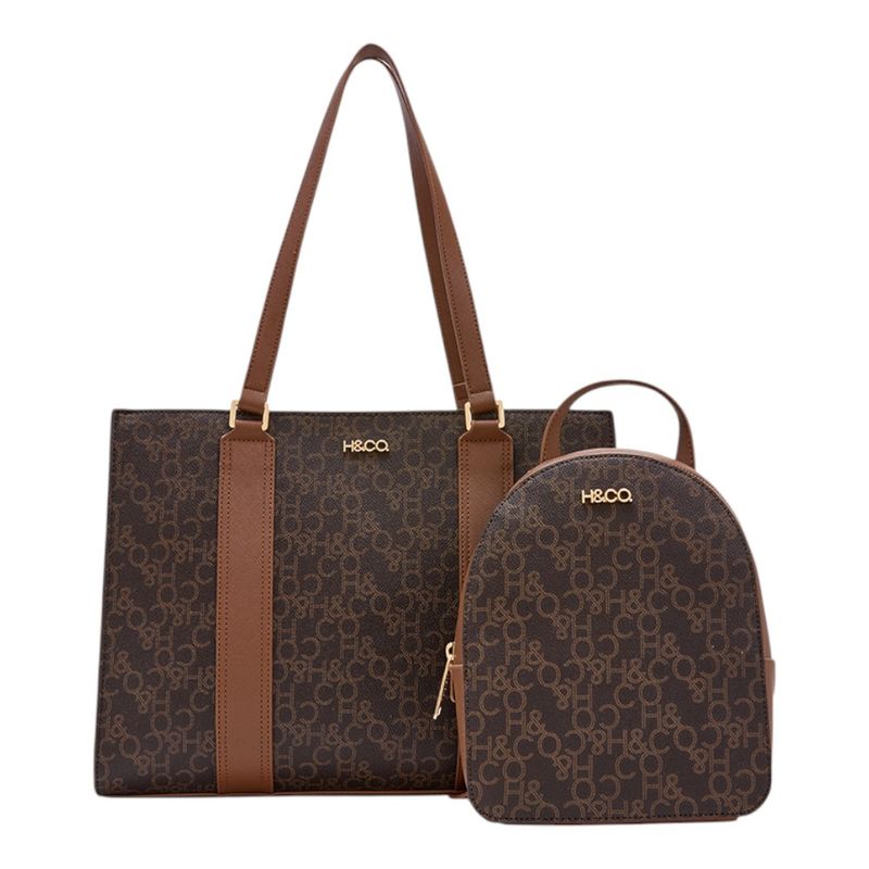 104944040-Duo-de-cartera-tote-y-mochila-H-Co-cafe-para-mujer