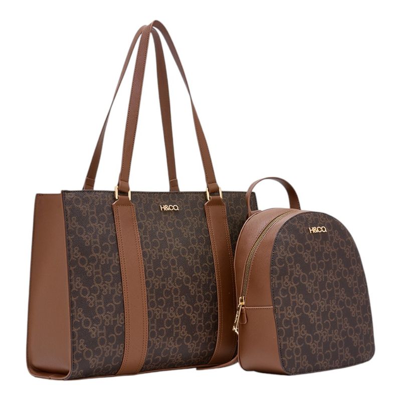 104944040-Duo-de-cartera-tote-y-mochila-H-Co-cafe-para-mujer