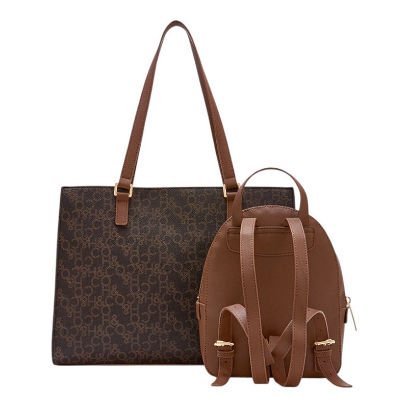 104944040-Duo-de-cartera-tote-y-mochila-H-Co-cafe-para-mujer