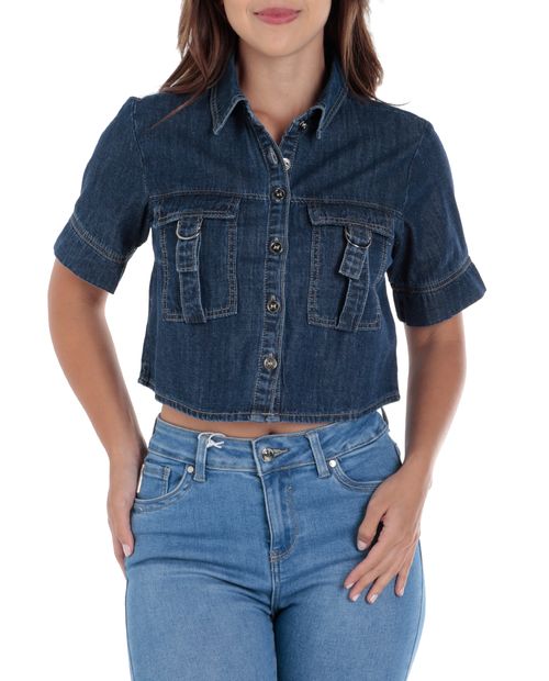 Blusa Orange crop top azul manga corta para mujer