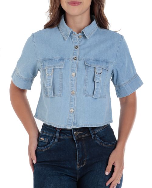 Blusa Orange crop top celeste manga corta para mujer