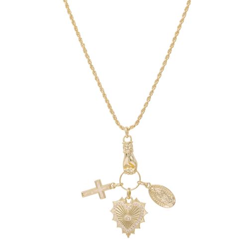 Collar con dijes religiosos de brass en baño de oro 2mm-16" para mujer