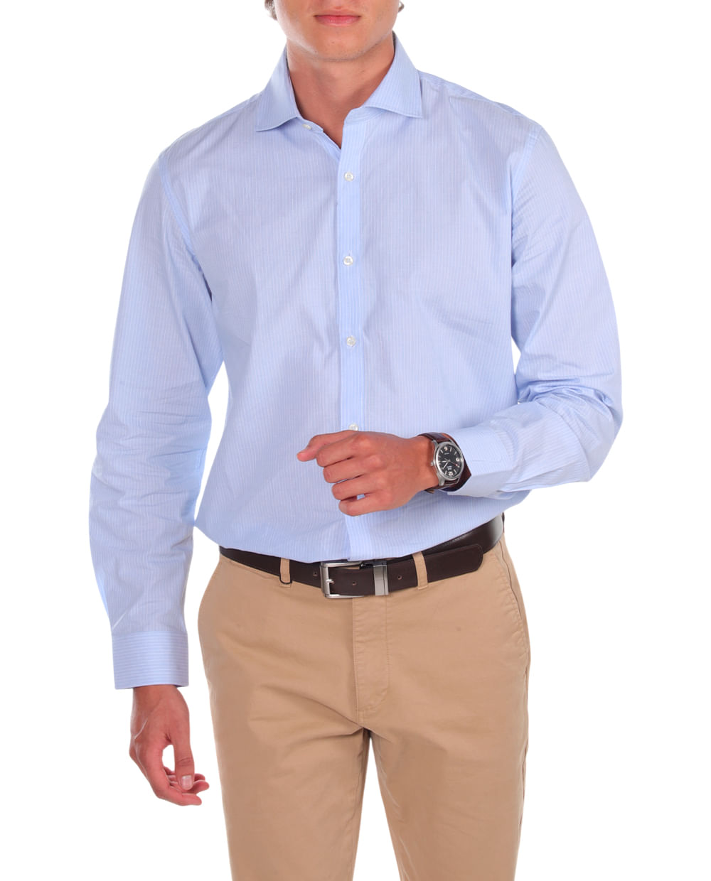 Camisa formal regular fit DKNY celeste rayada para hombre, image size:1000x1240