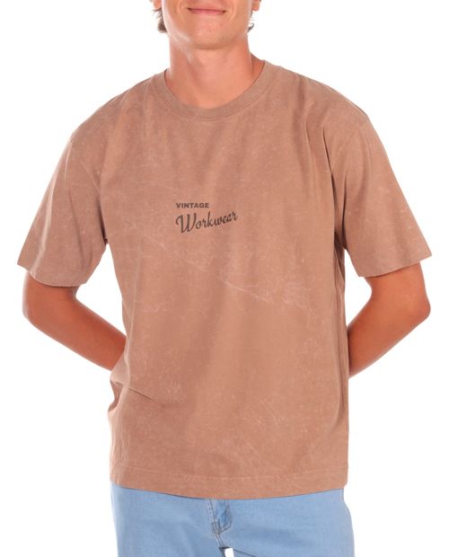 Camiseta oversize con estampado "Vintage workwear" en color naranja y café para hombre.