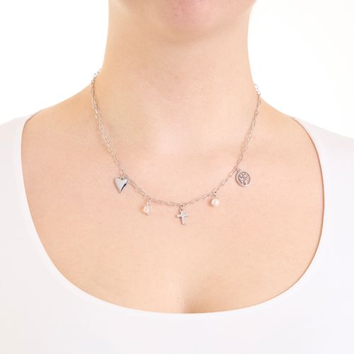 Collar con dijes religiosos de brass plateado 2mm-18" para mujer